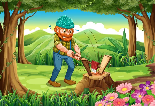 A hardworking lumberjack chopping woods at the forest — Stock Vector