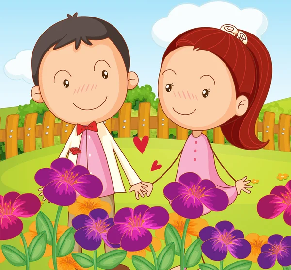 Un doux couple au jardin au sommet de la colline — Image vectorielle