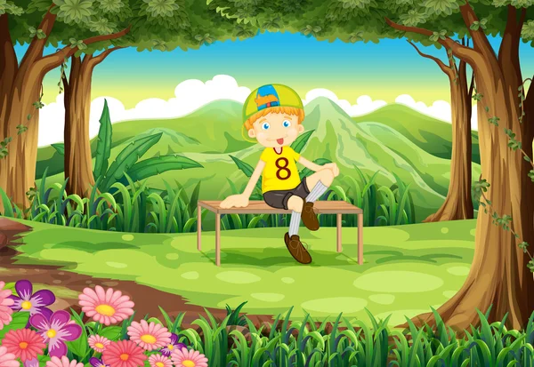 Une forêt avec un garçon assis au-dessus de la table — Image vectorielle