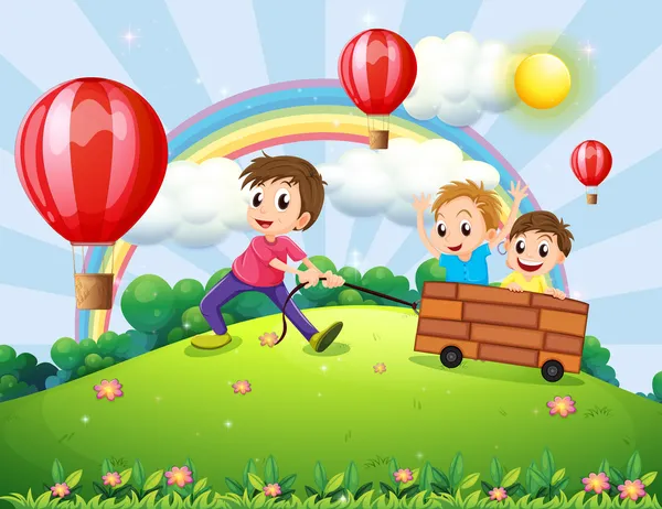 Três meninos brincando no topo da colina com um arco-íris e ba flutuante — Vetor de Stock