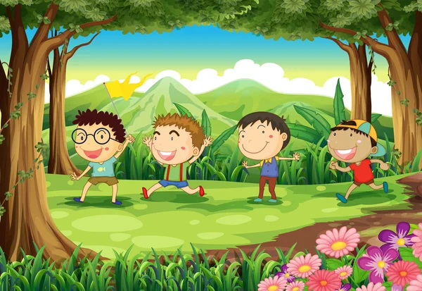 Cuatro niños juguetones en el bosque — Vector de stock