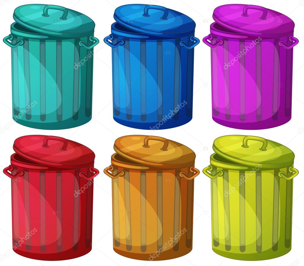 Six colorful bins