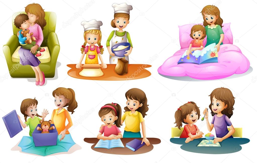 Different activities of a mother and a child