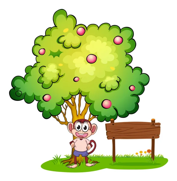 A monkey under the tree beside the empty wooden board — Stock Vector