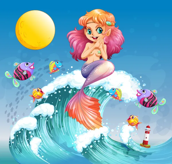 Eine glückliche Meerjungfrau über den Wellen des Meeres — Stockvektor