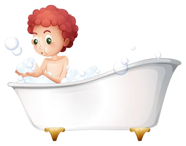 Un niño jugando en la bañera mientras se bañaba — Vector de stock