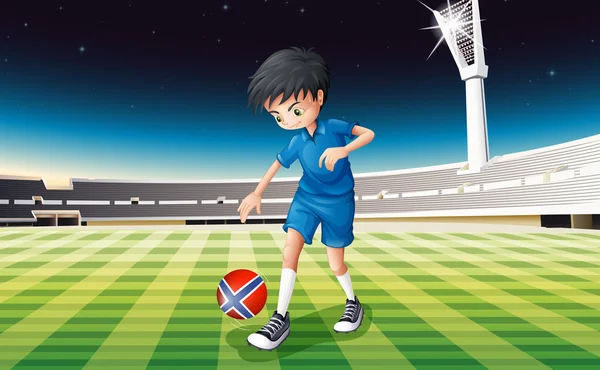 A boy at the field using the ball with the flag of Norway — Stock Vector