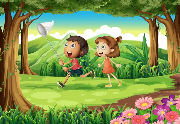 Copiii se joacă în pădure — Vector de stoc