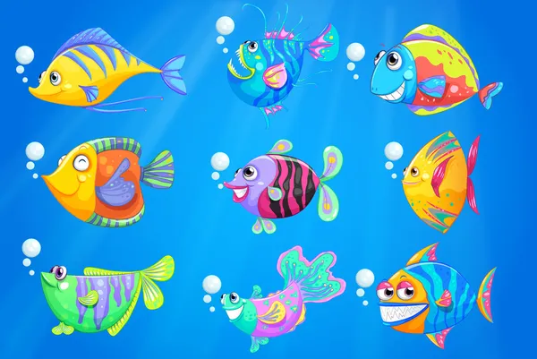 Nove peixes coloridos sob o oceano profundo —  Vetores de Stock