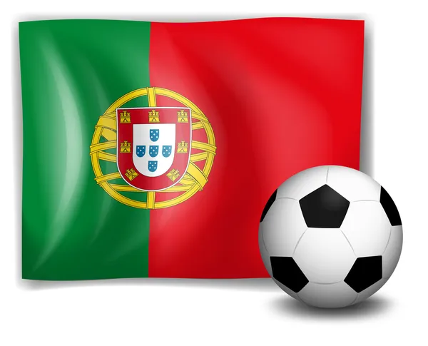 Una pelota de fútbol frente a la bandera de Portugal — Vector de stock