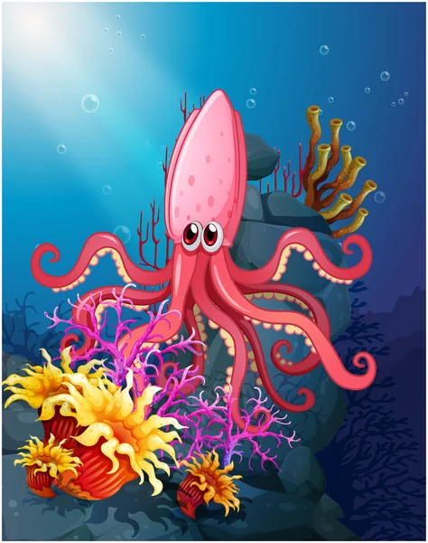 A big squid under the sea with the corals — Stock Vector