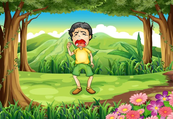 Un niño llorando en el bosque — Vector de stock