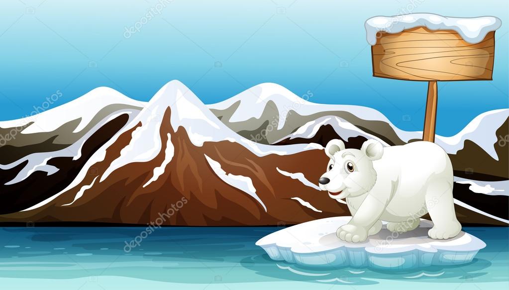 An iceberg in the ocean with an empty signboard and a Polar bear