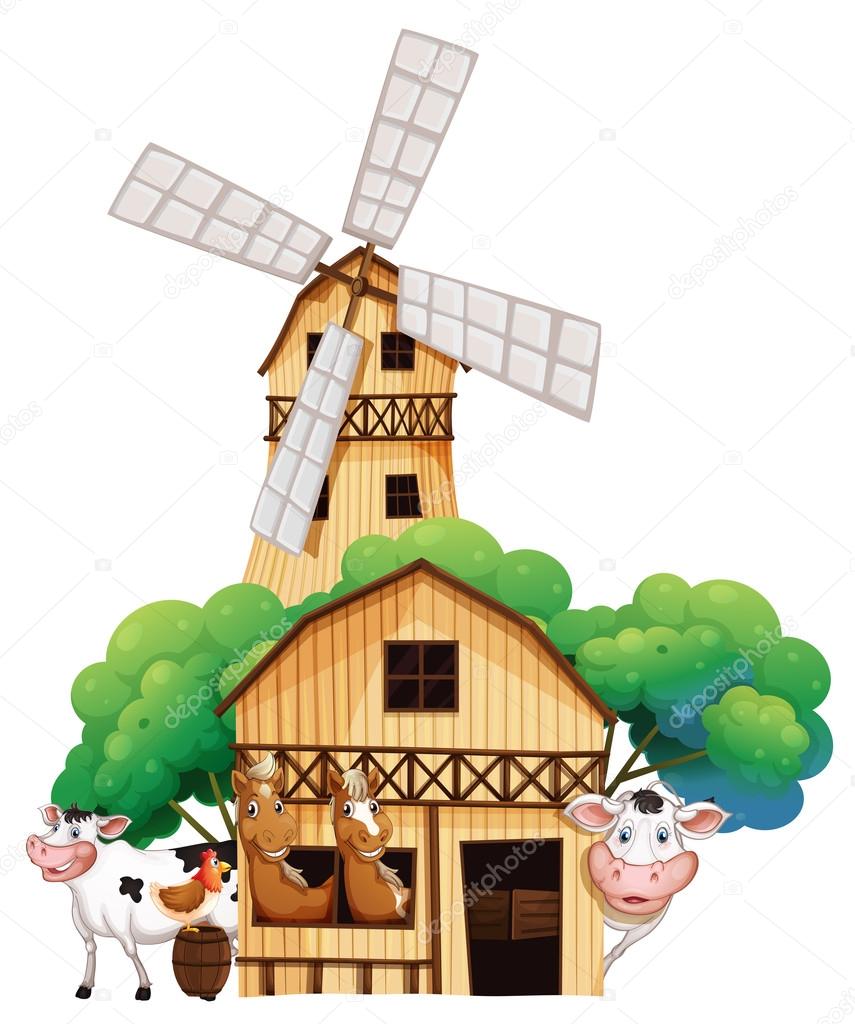 A barn at the farm with animals