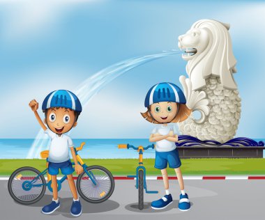 merlion önünde duran iki sevimli motorcu