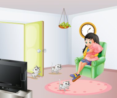 A young girl inside the room with her pets clipart