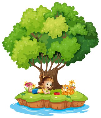 bir kız ve bir kedi ile bir ada