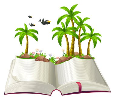 Hindistan cevizi ağaçları ve kuşlar ile açık bir kitap