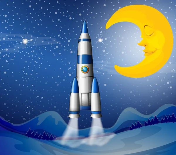 A rocket going to the sky with a sleeping moon — Stock Vector