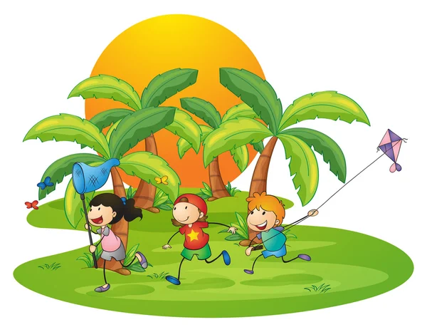 Kids playing in the island near the palm trees — Stock Vector