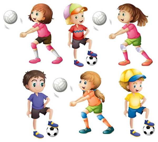 Kinder spielen Volleyball und Fußball — Stockvektor