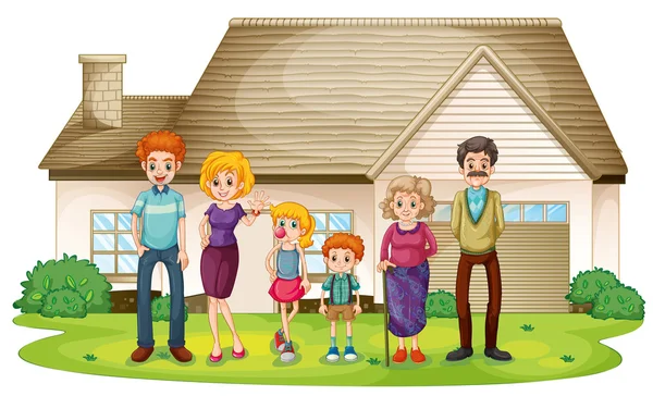 Una familia fuera de su gran casa — Vector de stock