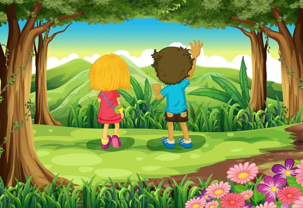 Deux enfants à la forêt regardant les montagnes — Image vectorielle
