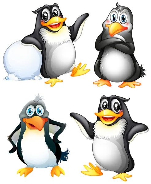 Cuatro pingüinos juguetones — Vector de stock