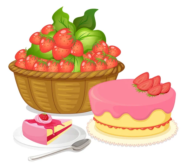 A basket of strawberries and a strawberry flavored cake — Stock Vector