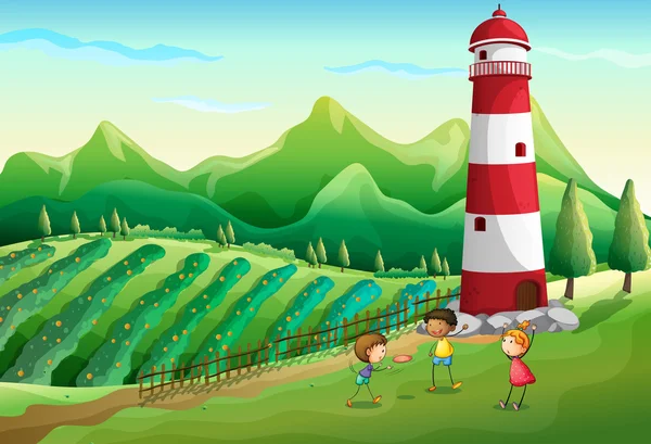 Drie schattige kinderen op de boerderij spelen in de buurt van de toren — Stockvector