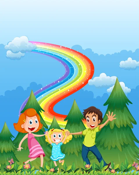 Una familia feliz cerca de los pinos con un arco iris en el cielo — Archivo Imágenes Vectoriales