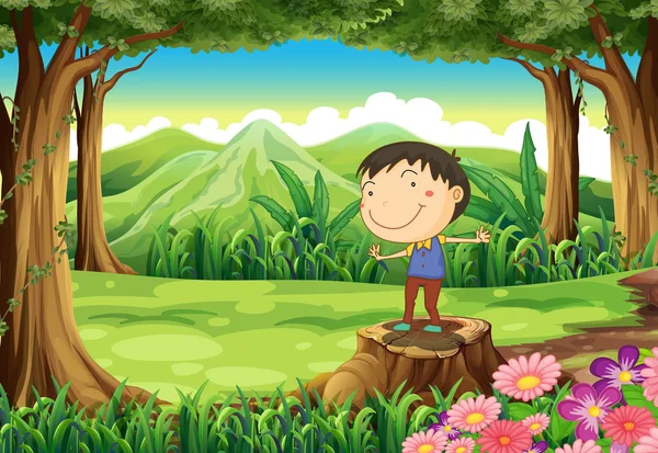 Ένα χαριτωμένο μικρό αγόρι πάνω από το κούτσουρο στη ζούγκλα — Διανυσματικό Αρχείο