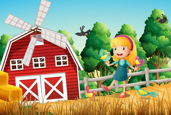 微笑的小女孩在农场与鸟 — 图库矢量图片
