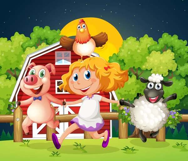 一个女孩玩农场里的动物 — 图库矢量图片