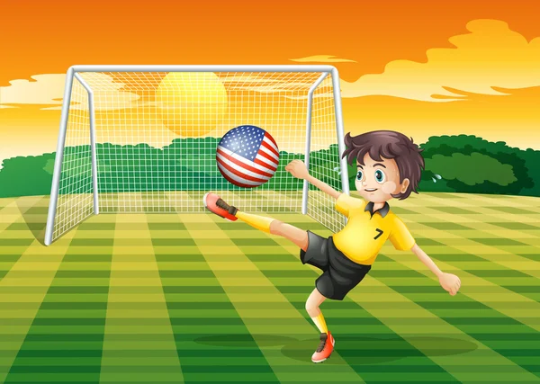 A lady player kicking the ball with the flag of the United State — Stock Vector
