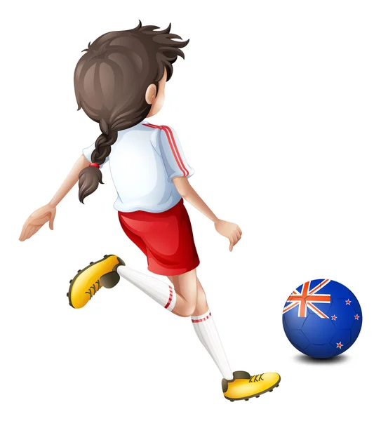Uma senhora chutando a bola com a bandeira da Nova Zelândia —  Vetores de Stock