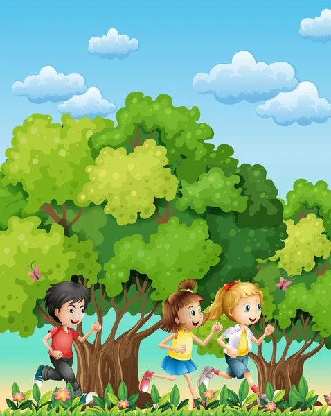 Three kids running outdoor — Stock Vector