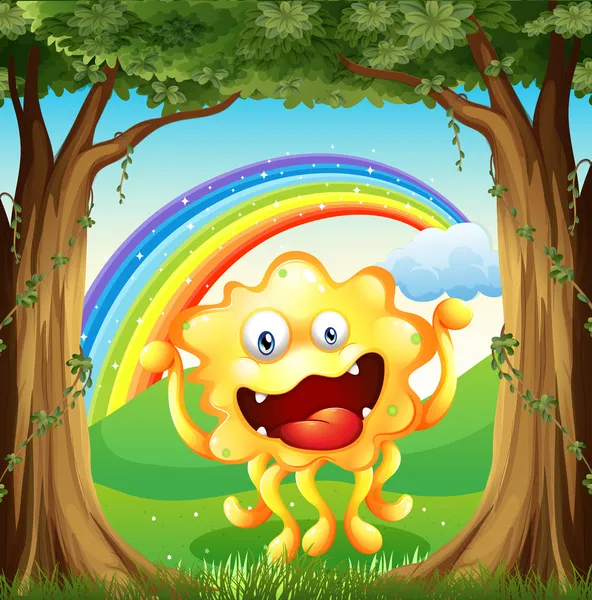 Un monstruo en el bosque con un arco iris en el cielo — Vector de stock