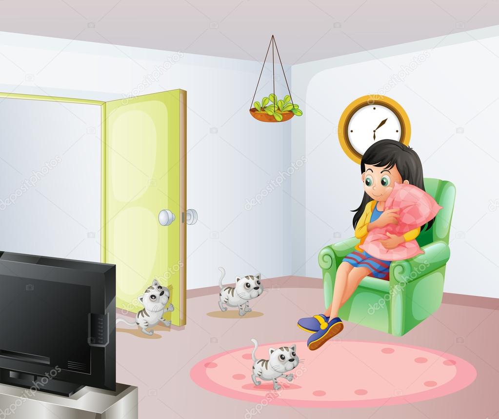 A young girl inside the room with her pets