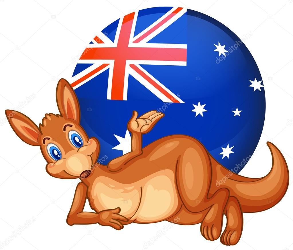 A kangaroo in front of the ball with the Australian flag