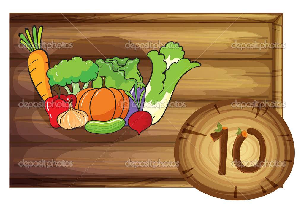 A wooden frame with ten vegetables