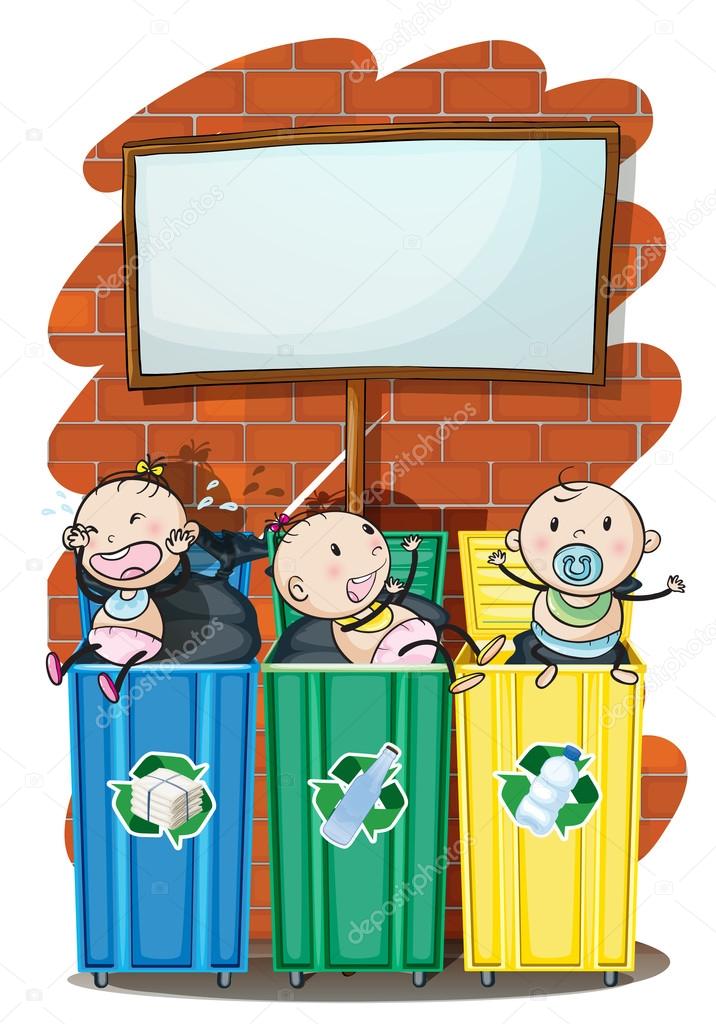 Three kids in the trashbins below the empty signboard
