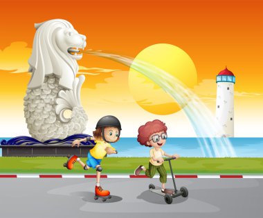 merlion heykeli oynayan çocuklar