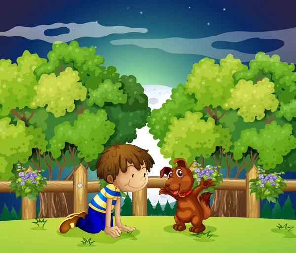 Un garçon et son animal jouant en plein air — Image vectorielle