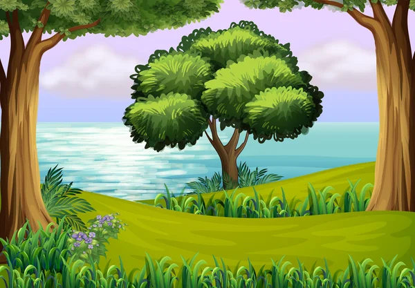 Collines avec des arbres près de la rivière — Image vectorielle