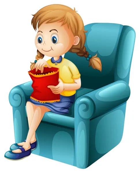 A girl eating junkfoods while sitting down — Stock Vector