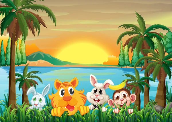Animals at the riverbank with coconut trees — Stock Vector