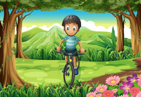 在丛林里骑自行车的男孩 — 图库矢量图片