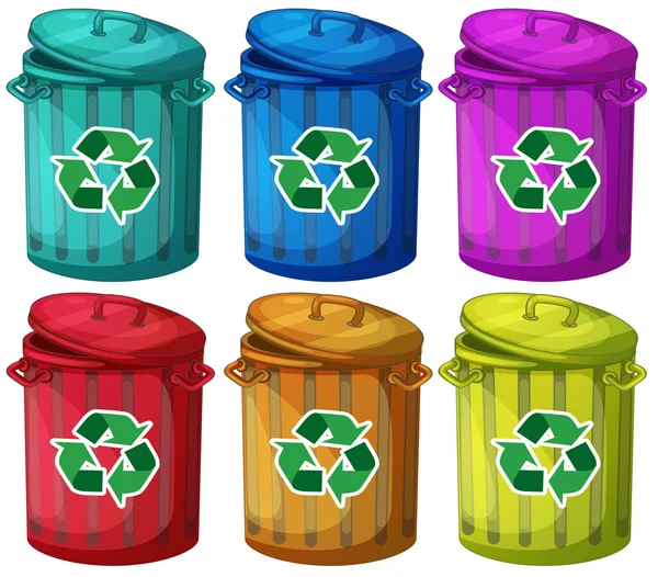 Seis botes de basura para basura reciclable — Vector de stock