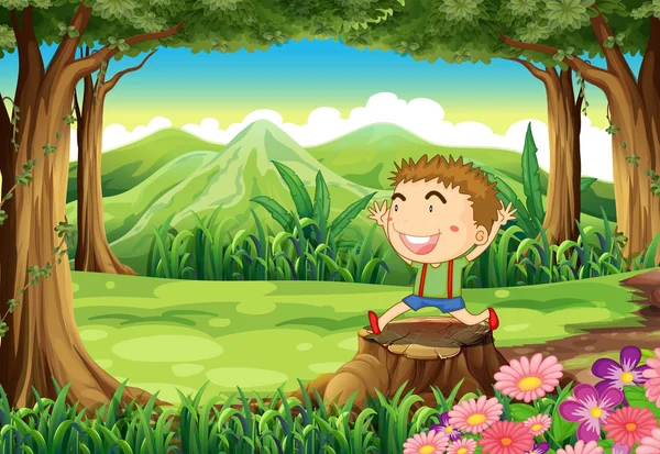 一个树桩在树林里有一个可爱的小男孩 — 图库矢量图片